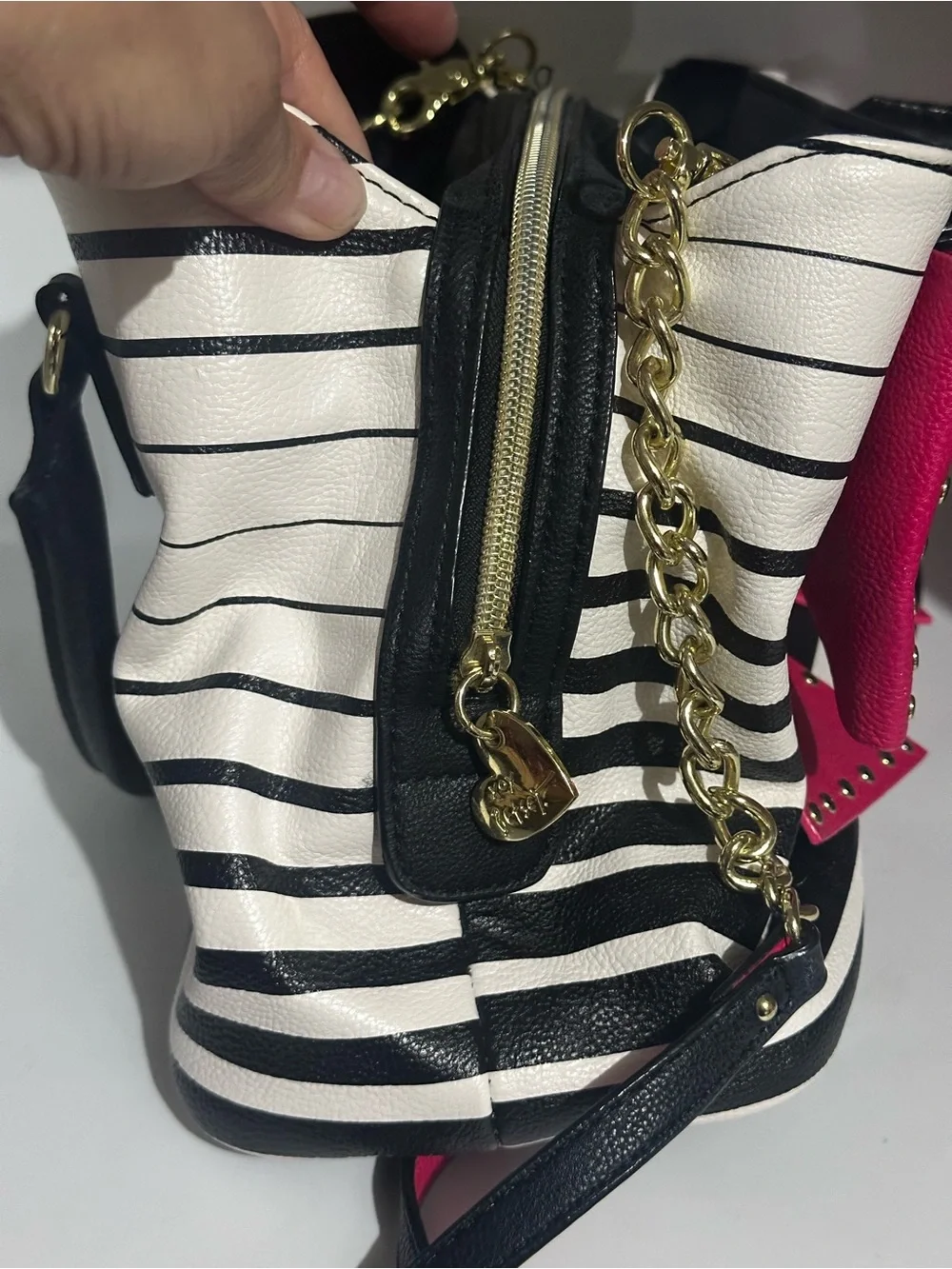 Betsey Johnson Black and White Striped Satchel with Hot Pink Bow